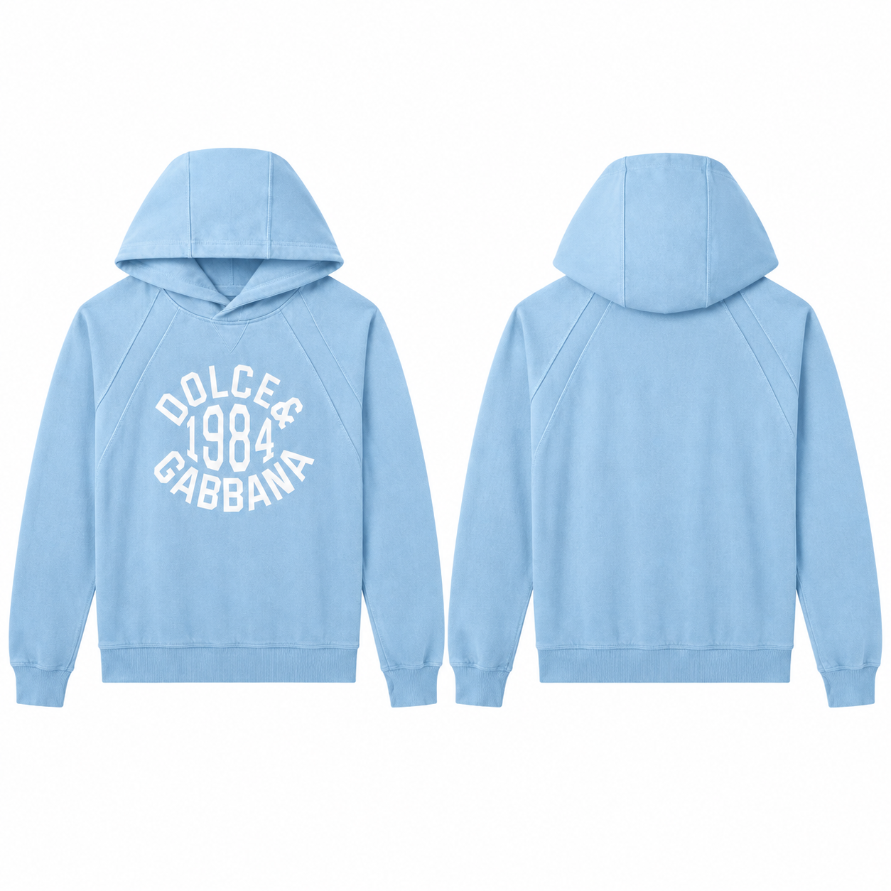 Sky Blue and White Graphic Pullover Hoodie with Circular Chest Print