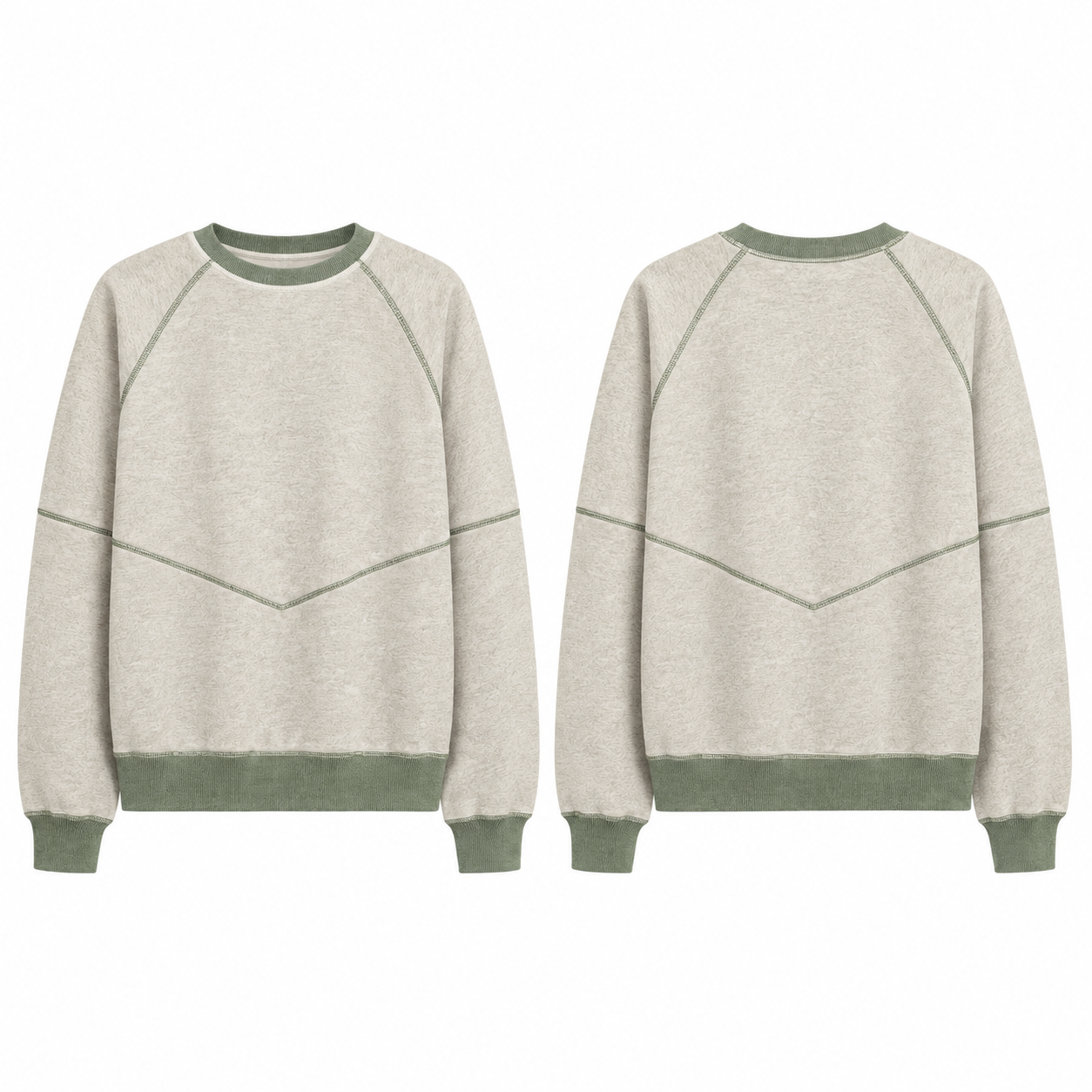 White and Green Crew Neck Pullover Sweater with Chevron Back Detail