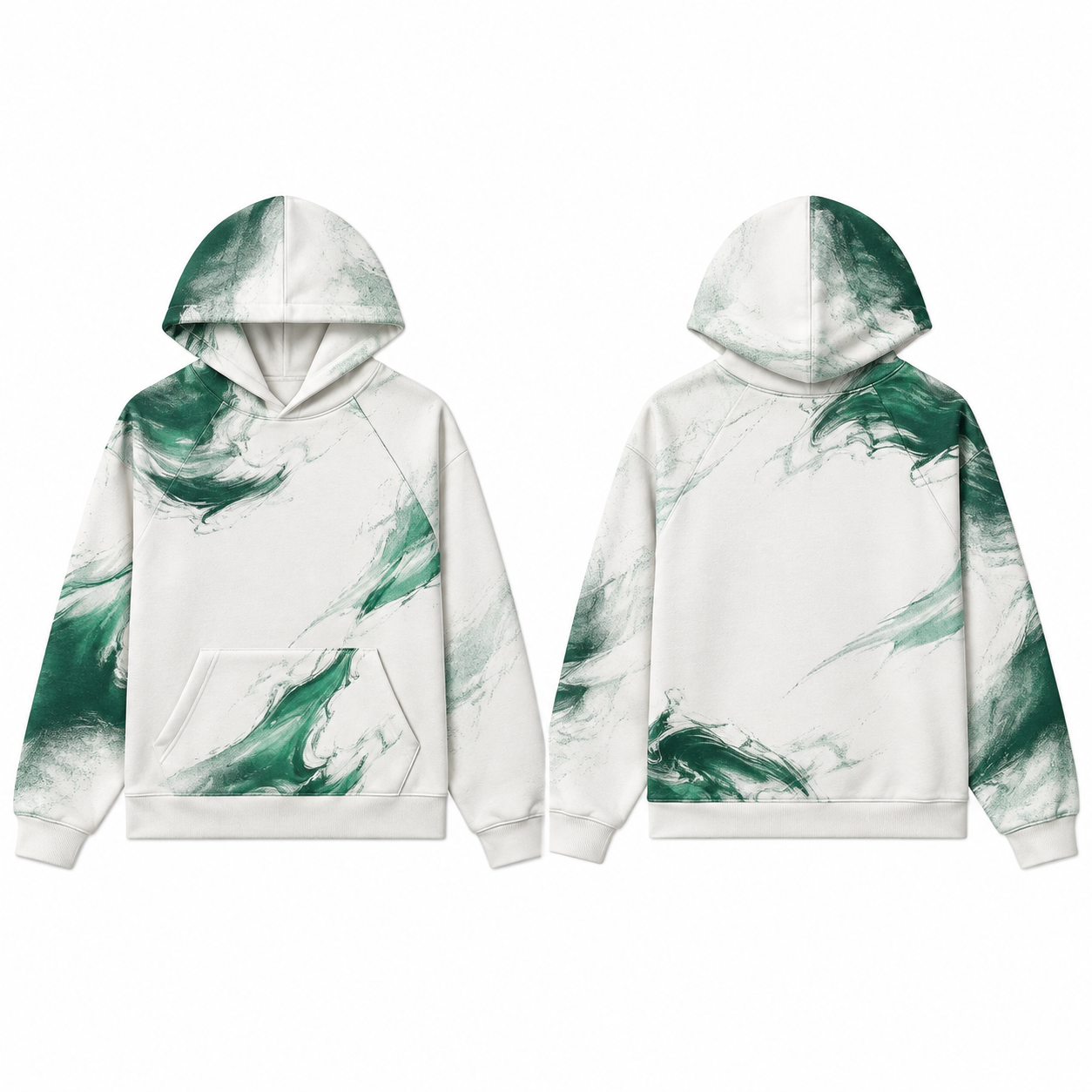 White and Emerald Color-Block Pullover Hoodie