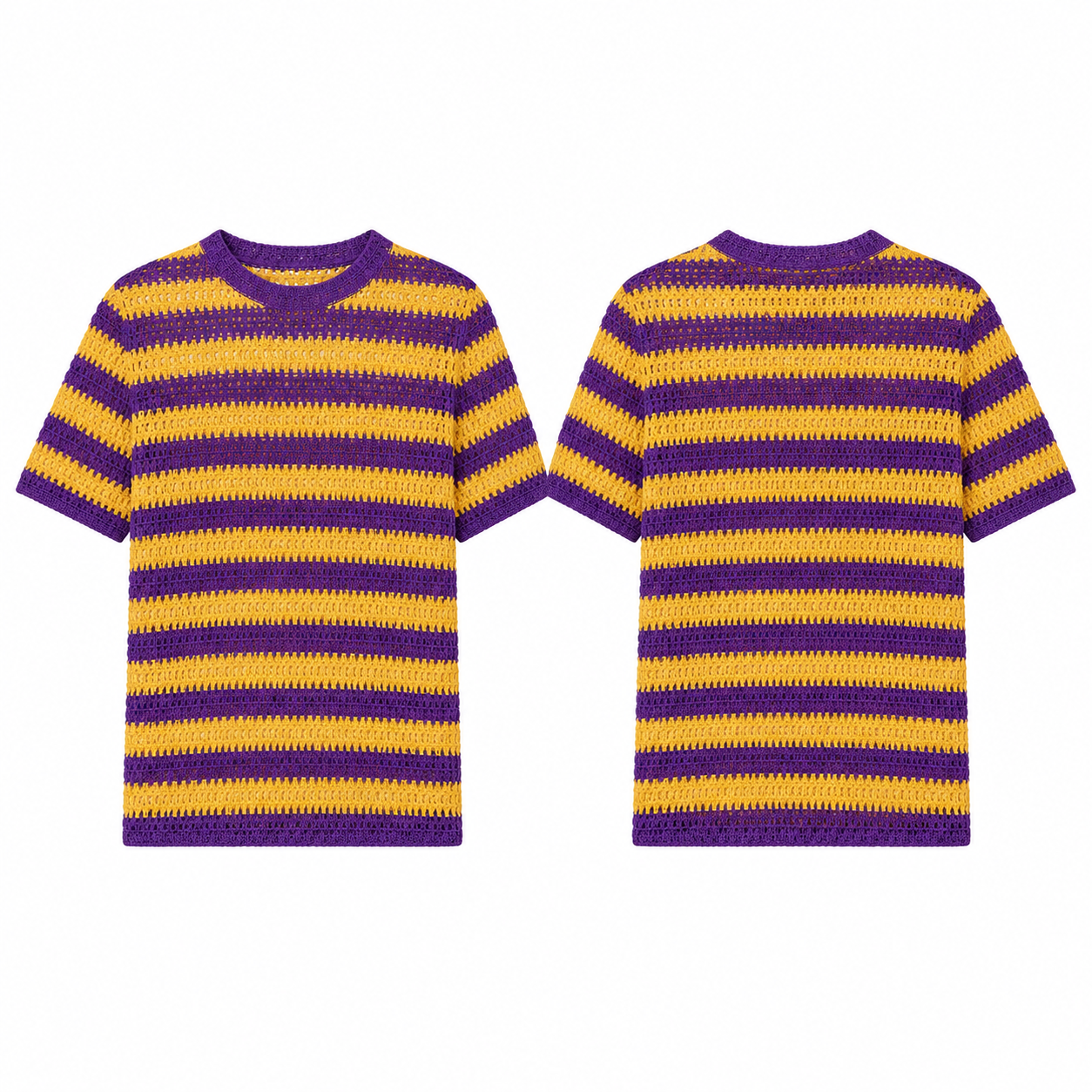 Purple & Gold Striped Crochet Knit Short-Sleeve Top