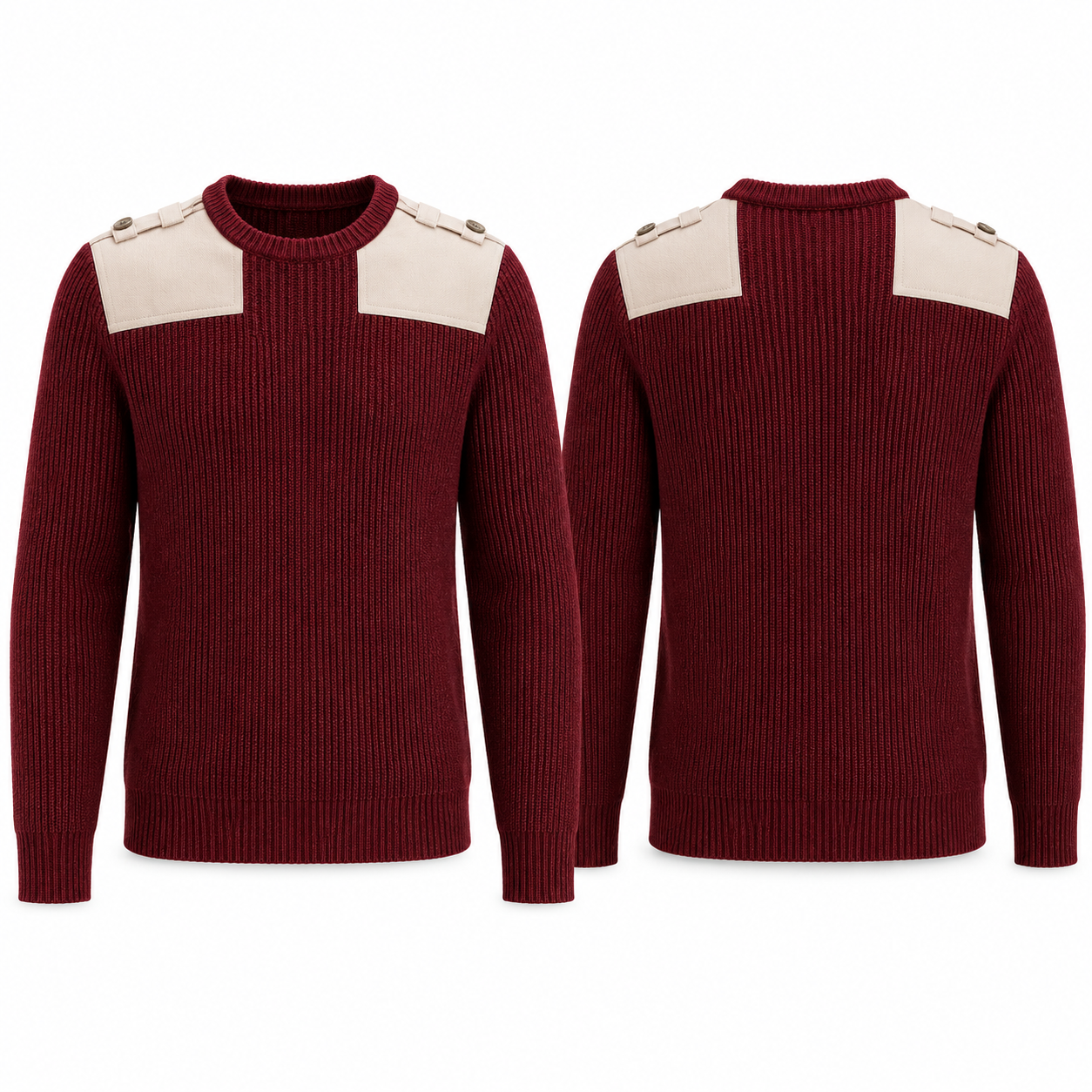 Burgundy & White Rib-Knit Crewneck Sweater with Buttoned Shoulders