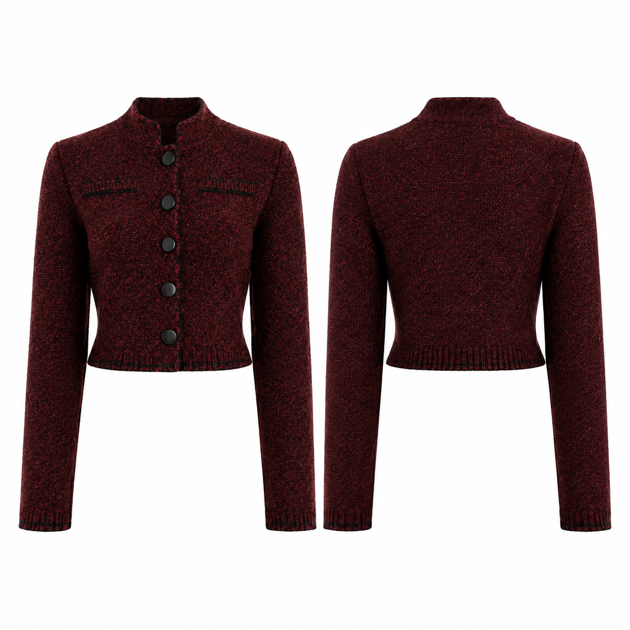Red & Black Cropped Knit Cardigan with Stand Collar