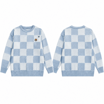 White and Blue Checkerboard Oversized Knit Sweater