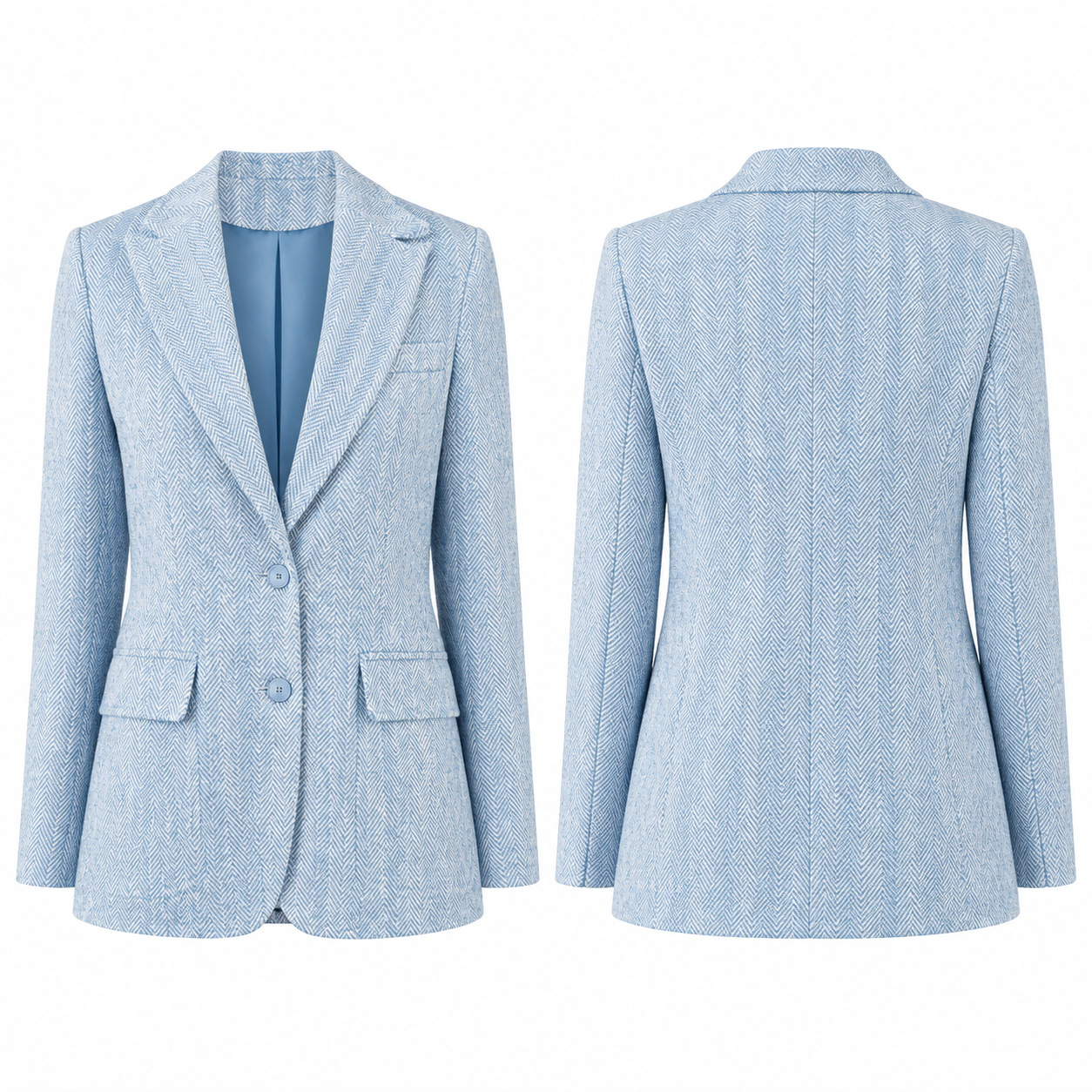 White and Sky Blue Herringbone Single-Breasted Blazer