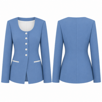 Blue and White Scoop Neck Five-Button Fitted Blazer