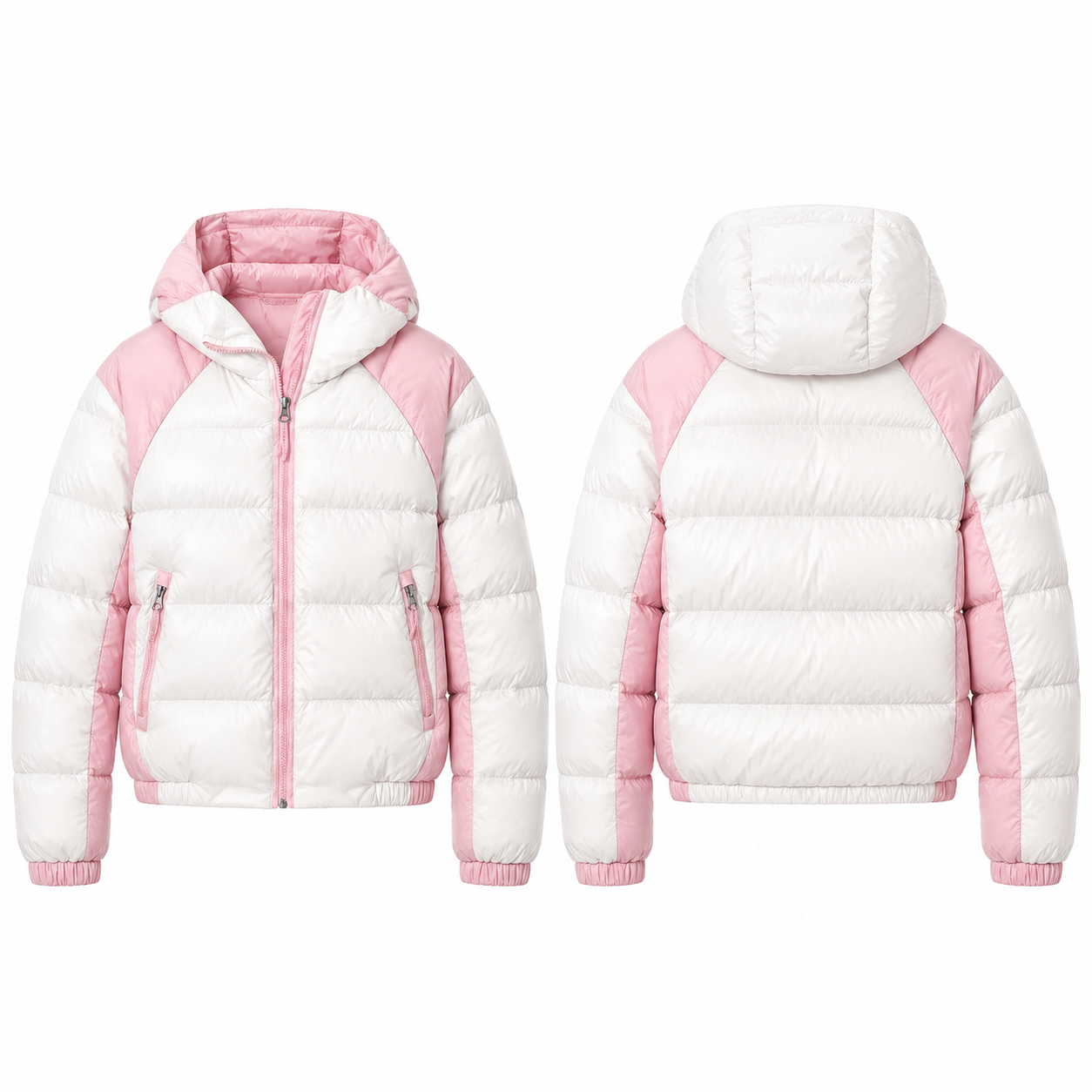 White and Pink Hooded Puffer Jacket