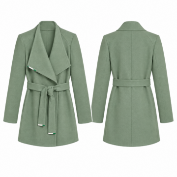 Green and White Wrap Coat with Self-Tie Belt