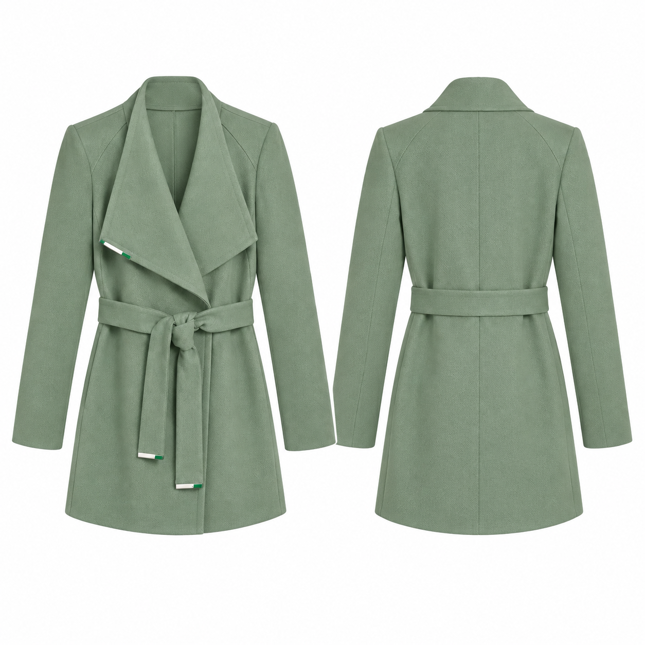 Green and White Wrap Coat with Self-Tie Belt