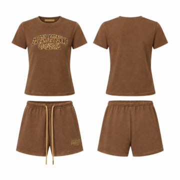 Brown and Gold Animal-Print Graphic T-Shirt and Shorts Set with Drawstring Waist