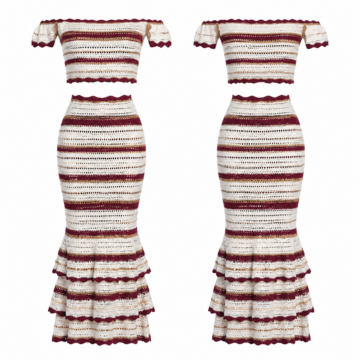 White and Burgundy Striped Open-Knit Off-Shoulder Top and Tiered Maxi Skirt Set