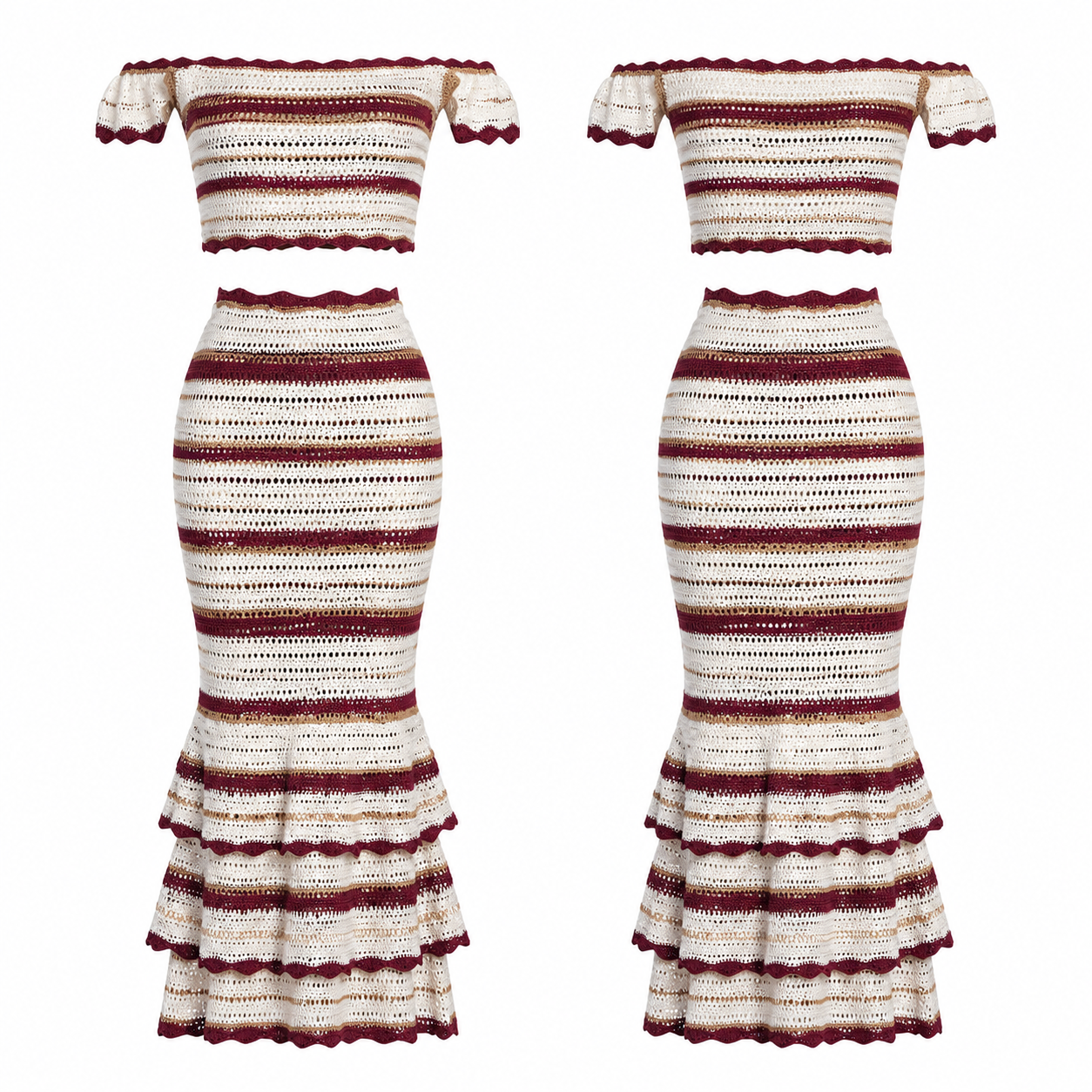 White and Burgundy Striped Open-Knit Off-Shoulder Top and Tiered Maxi Skirt Set
