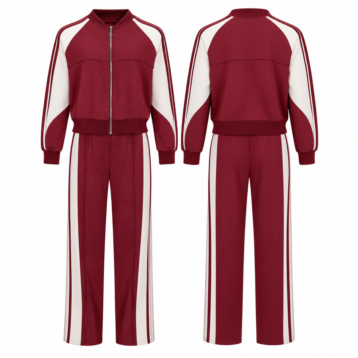 Red and White Two-Piece Tracksuit Set with Bomber Jacket and Straight-Leg Pants