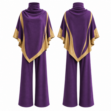 Purple and Gold Two-Piece Set with Cowl-Neck Top and Wide-Leg Pants