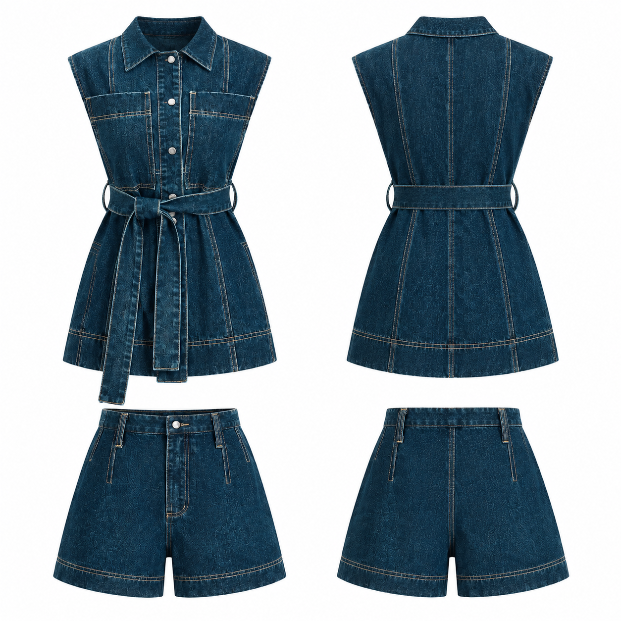 Turquoise and Navy Denim Two-Piece Set with Sleeveless Top and High-Waisted Shorts