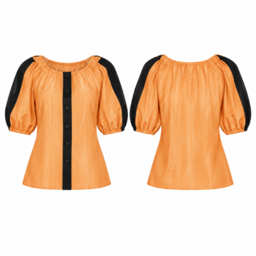 Light Orange and Black Button-Front Puff Sleeve Top