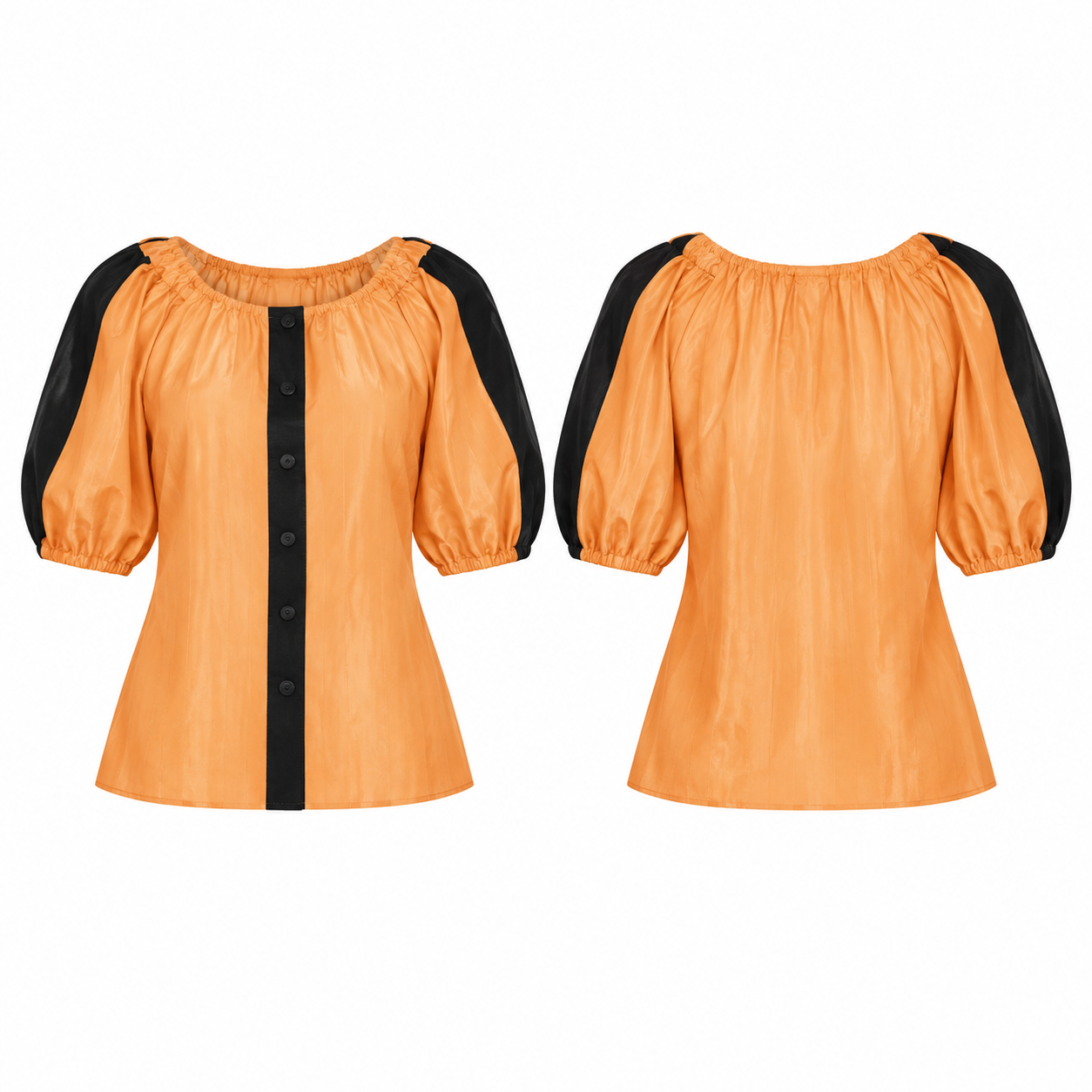 Light Orange and Black Button-Front Puff Sleeve Top