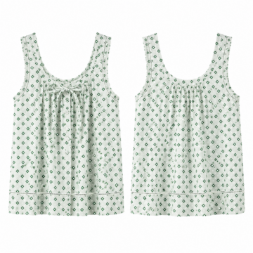 White and Green Geometric Print Sleeveless Button-Front Top