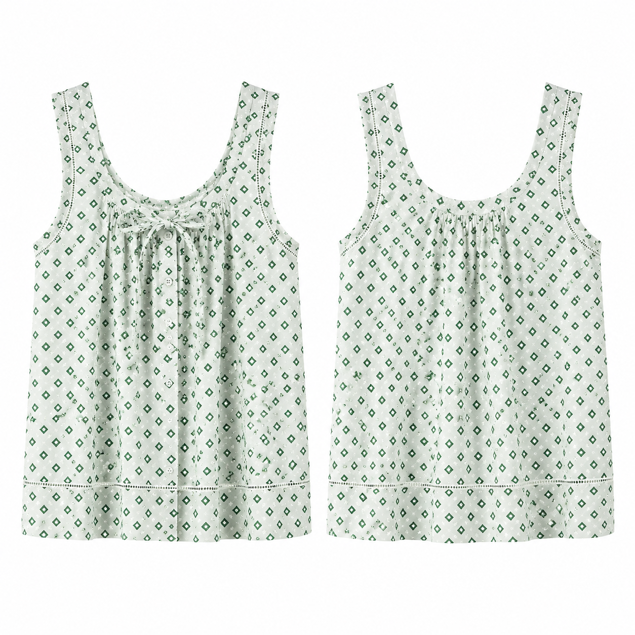 White and Green Geometric Print Sleeveless Button-Front Top