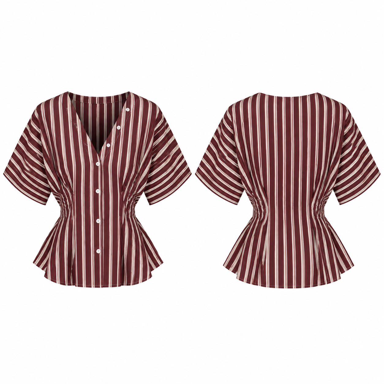 Maroon and Cream Striped V-Neck Peplum Top