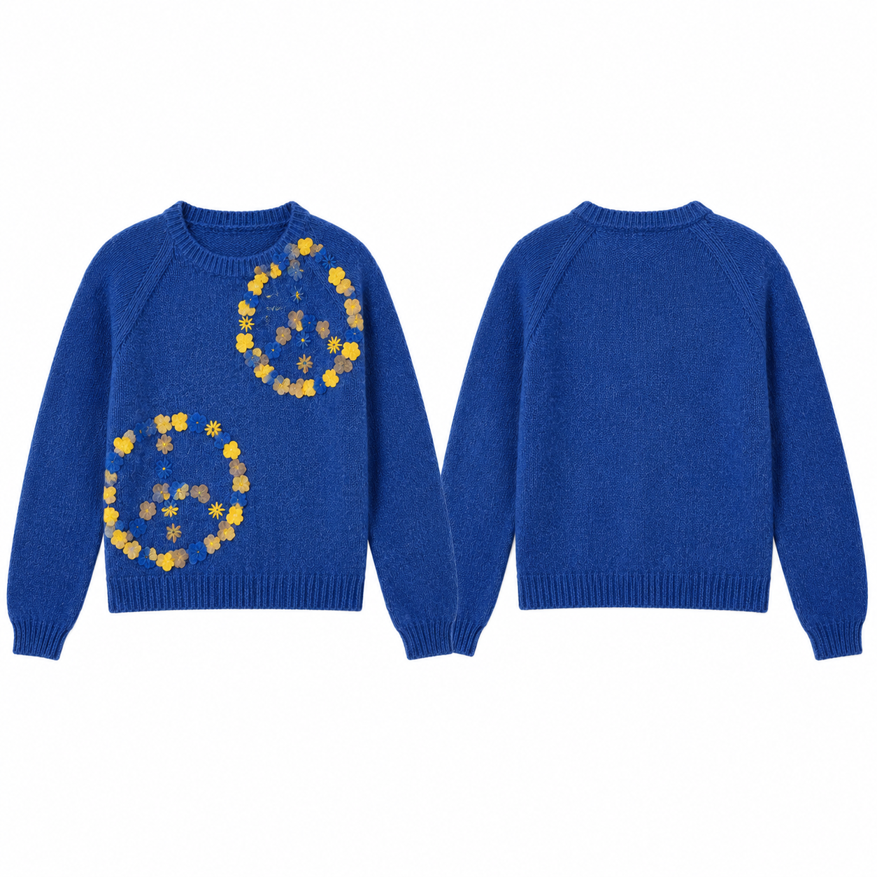 Royal Blue & Yellow Crewneck Knit Sweater with Floral Applique