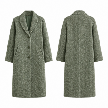 Green and White Herringbone Longline Single-Breasted Coat
