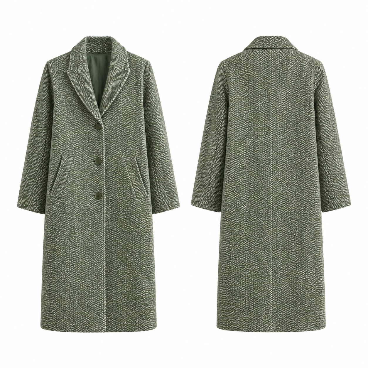 Green and White Herringbone Longline Single-Breasted Coat