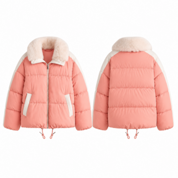 Coral and White Faux-Fur Collar Oversized Puffer Coat