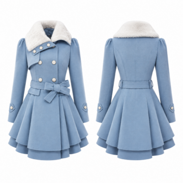Blue and White Faux-Fur Collar Double-Breasted Ruffle-Hem Coat
