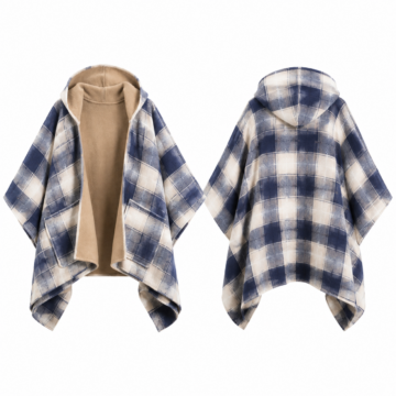 White and Navy Check Open-Front Cape Coat