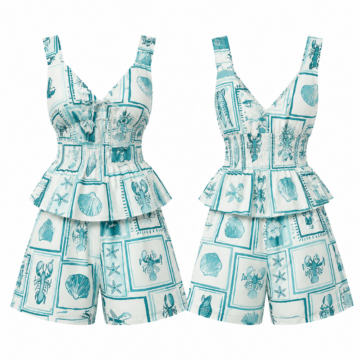 Teal and White Maritime Print Two-Piece Set with Tie-Front Peplum Top and Wide-Leg Shorts