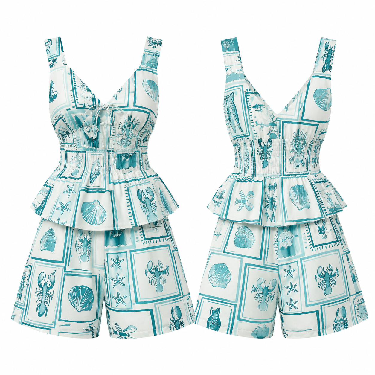 Teal and White Maritime Print Two-Piece Set with Tie-Front Peplum Top and Wide-Leg Shorts
