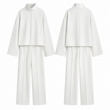 White and Black Funnel-Neck Boxy Top and Straight-Leg Pants Set with Pressed Creases