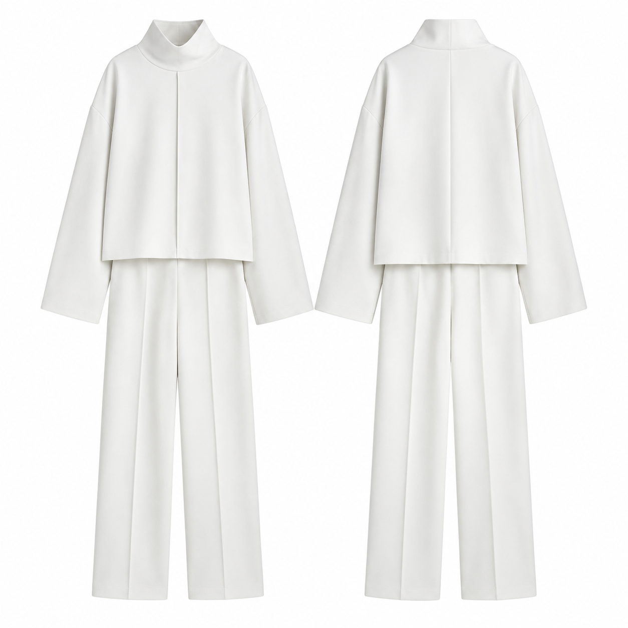 White and Black Funnel-Neck Boxy Top and Straight-Leg Pants Set with Pressed Creases