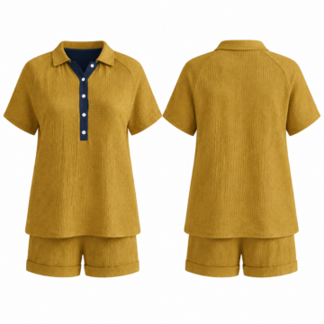 Gold and Navy Two-Piece Set with Collared Top and Cuffed Shorts