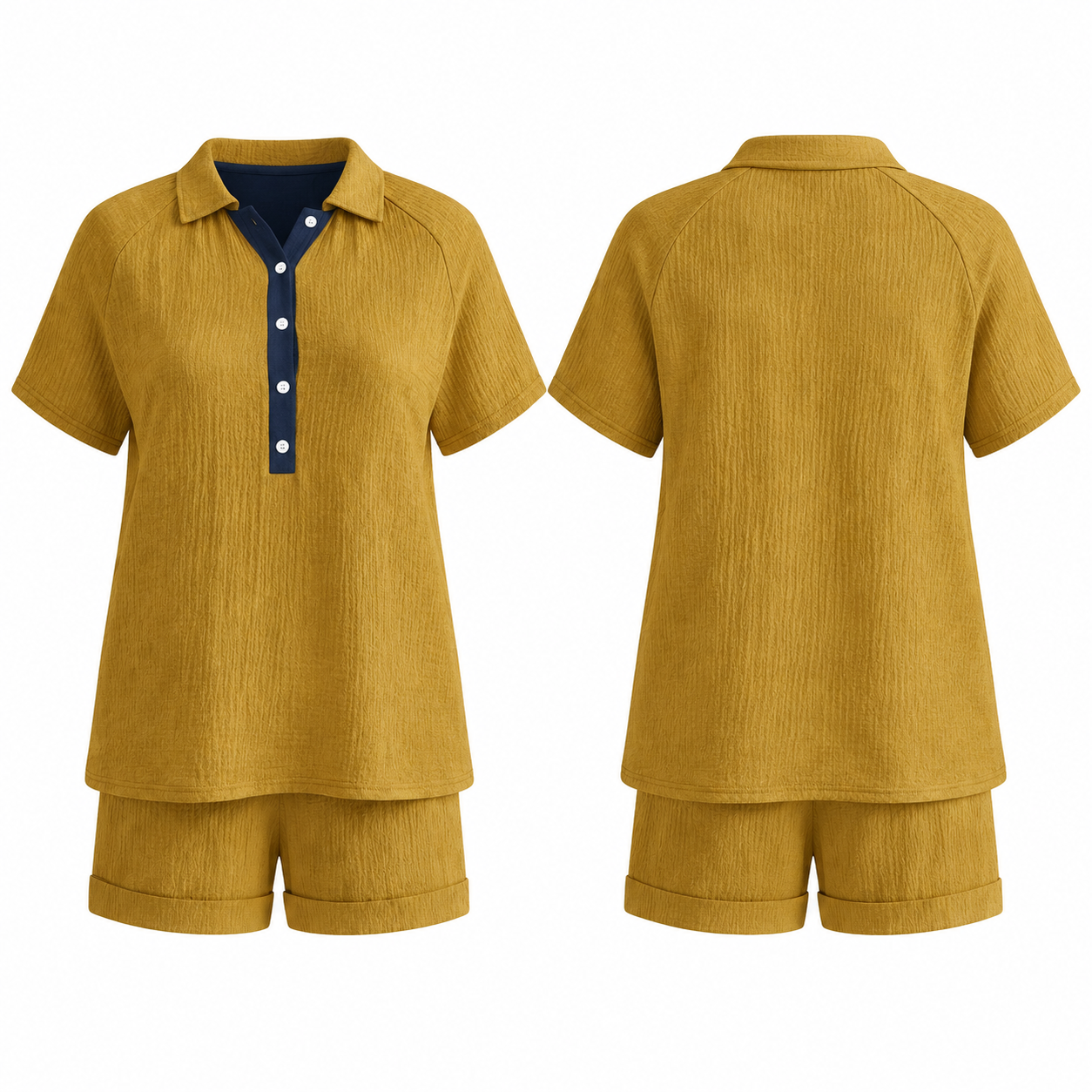 Gold and Navy Two-Piece Set with Collared Top and Cuffed Shorts