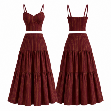 Maroon and Gold Two-Piece Set with Cropped Camisole and Tiered Maxi Skirt