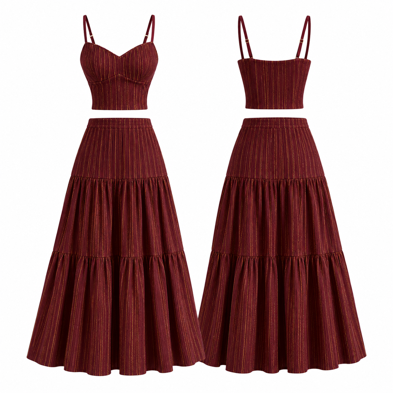 Maroon and Gold Two-Piece Set with Cropped Camisole and Tiered Maxi Skirt