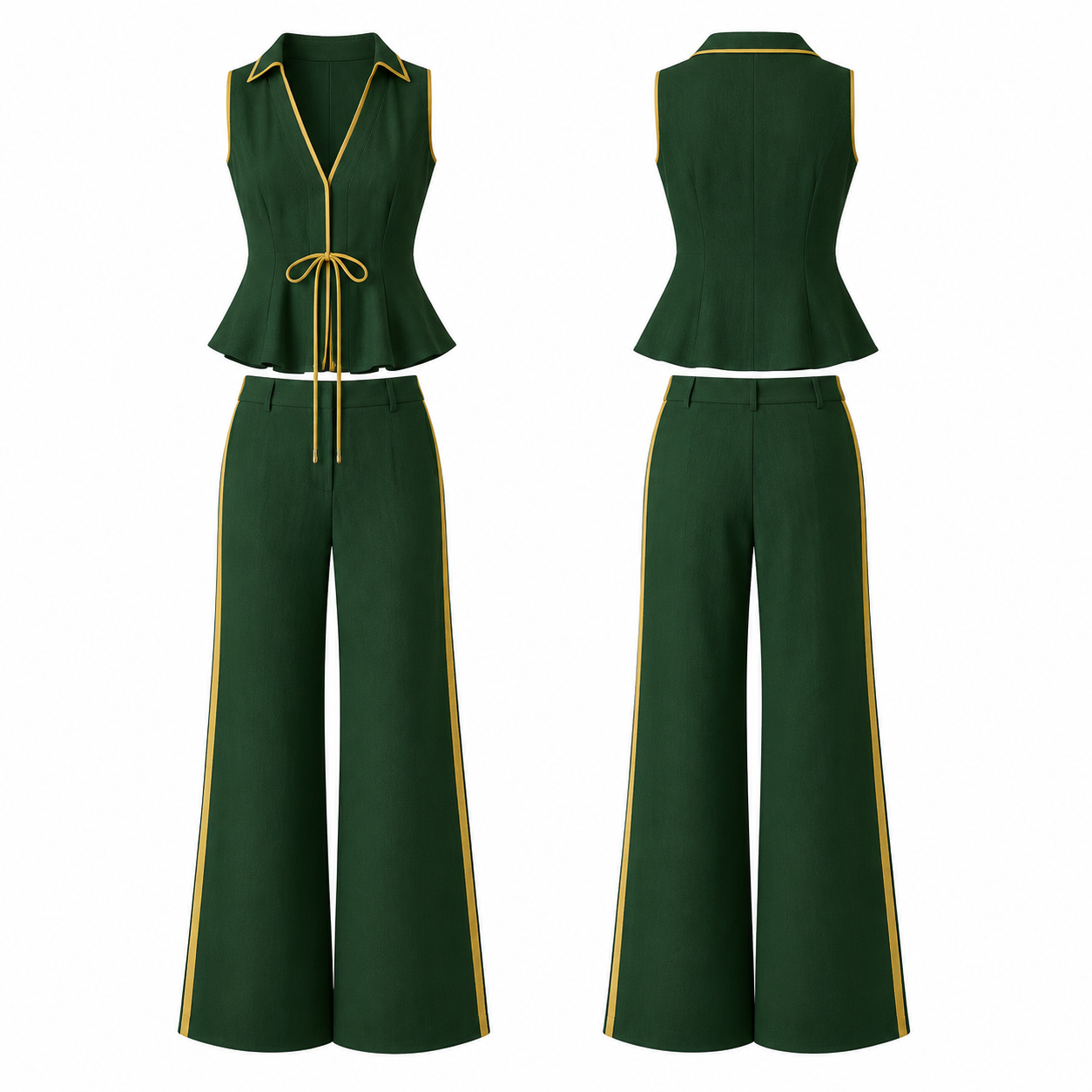Forest Green and Gold Sleeveless Collared Top and Wide-Leg Trousers Set with Drawstring Cinch