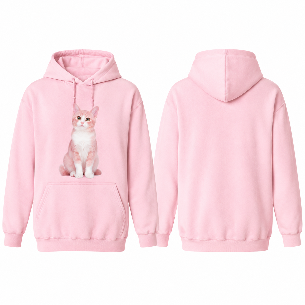 Pink and White Graphic Pullover Hoodie with Cat Print